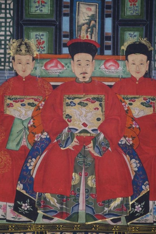 Chinesische Ahnenbilder Qing-Dynastie 3 Personen 2