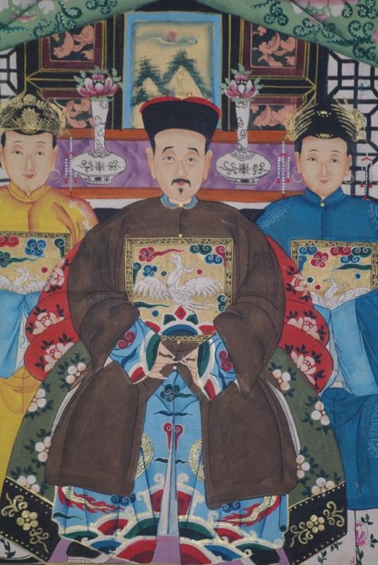 Chinesische Ahnenbilder Qing-Dynastie 3 Personen 2
