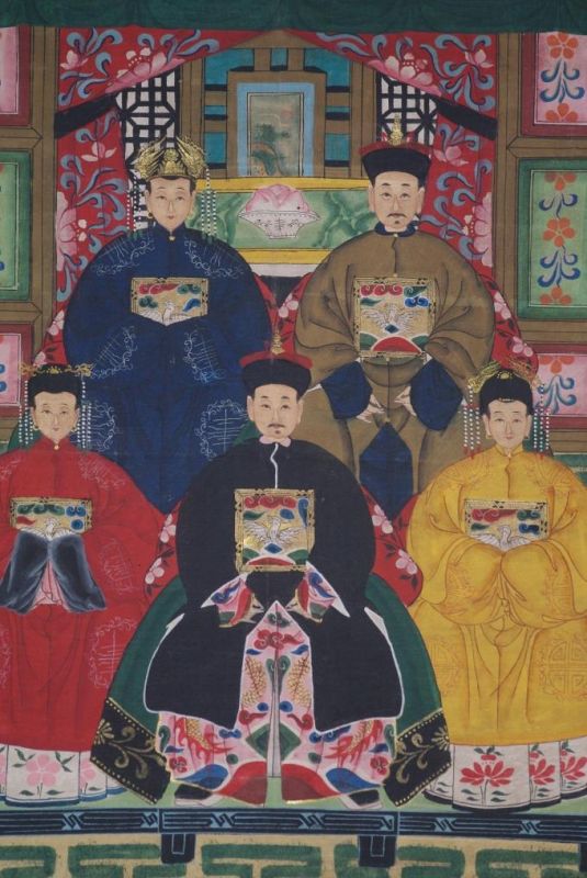 Chinesische Ahnenbilder Qing-Dynastie 5 Personen 2