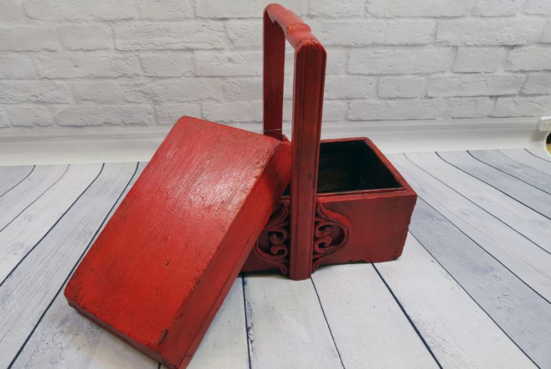 Chinesische Antike Box Roter hölzerner Korb 2 4