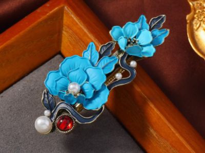 Chinesische Emaille-Haarspange - Cloisonné - Blumen – Himmelblau und Marineblau