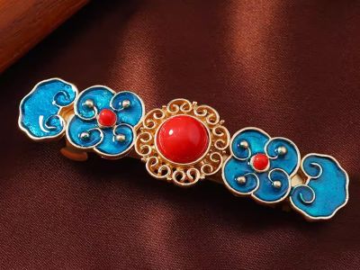 Chinesische Emaille-Haarspange - Cloisonné - Blumen und rote Perle