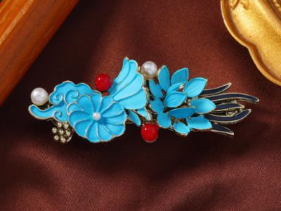Chinesische Emaille-Haarspange - Cloisonné - Wolke, Blumen und Blätter
