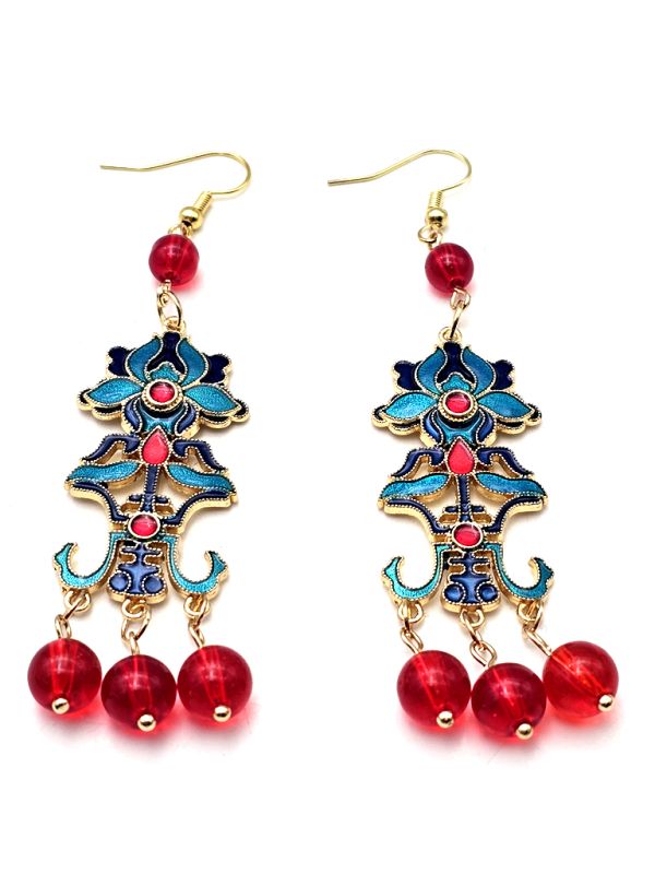 Chinesische Emaille-Ohrringe - Cloisonné - Blume und chinesisches Zeichen 2