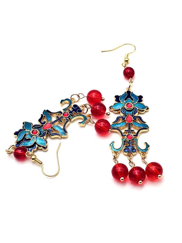 Chinesische Emaille-Ohrringe - Cloisonné - Blume und chinesisches Zeichen 3
