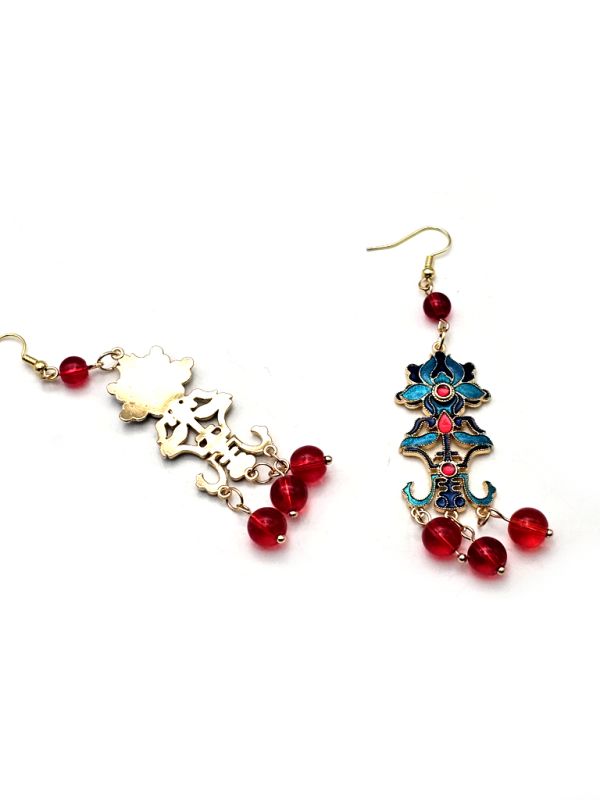 Chinesische Emaille-Ohrringe - Cloisonné - Blume und chinesisches Zeichen 4