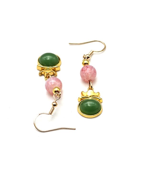 Chinesische Emaille-Ohrringe - Cloisonné - Rosa und grüne Perlen 3