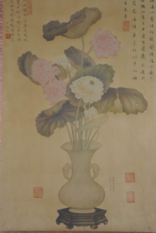 Chinesische Gemälde Kakemono Lotusblüte und Gedichte 3