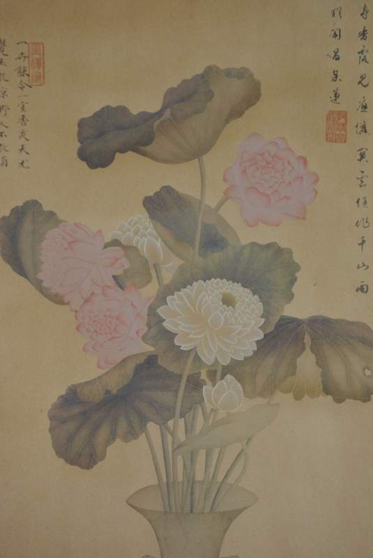 Chinesische Gemälde Kakemono Lotusblüte und Gedichte 4