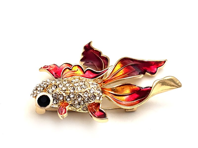 Bilder überfliegen für die vergrößerung Chinesische Glücksbrosche – Goldener Fisch mit roten Flossen 2