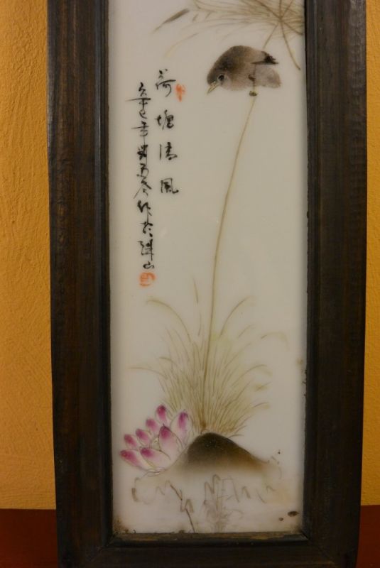 Chinesische Holzplatte und Porzellan Vogel 2 3