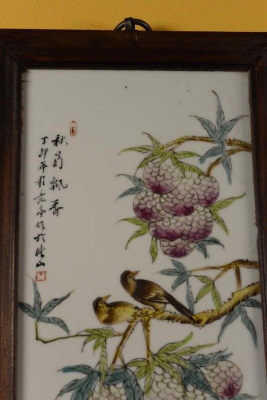 Chinesische Holzplatte und Porzellan - Vögel auf Baum 2 2
