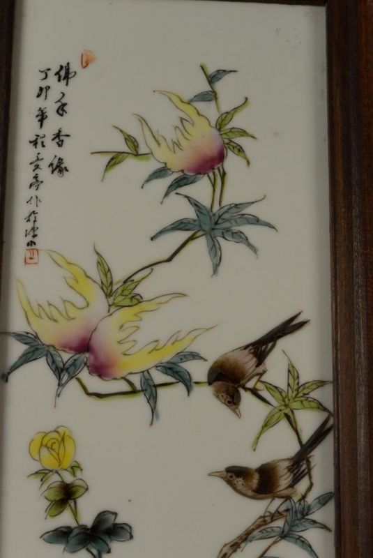 Chinesische Holzplatte und Porzellan - Vögel auf Baum 5 3