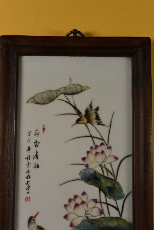 Chinesische Holzplatte und Porzellan - Vögel auf Baum 7 2