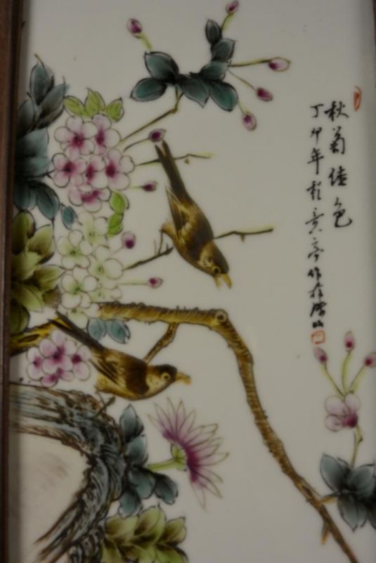 Chinesische Holzplatte und Porzellan - Vögel auf Baum 8 3
