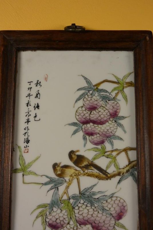 Chinesische Holzplatte und Porzellan - Vögel auf Baum 9 2