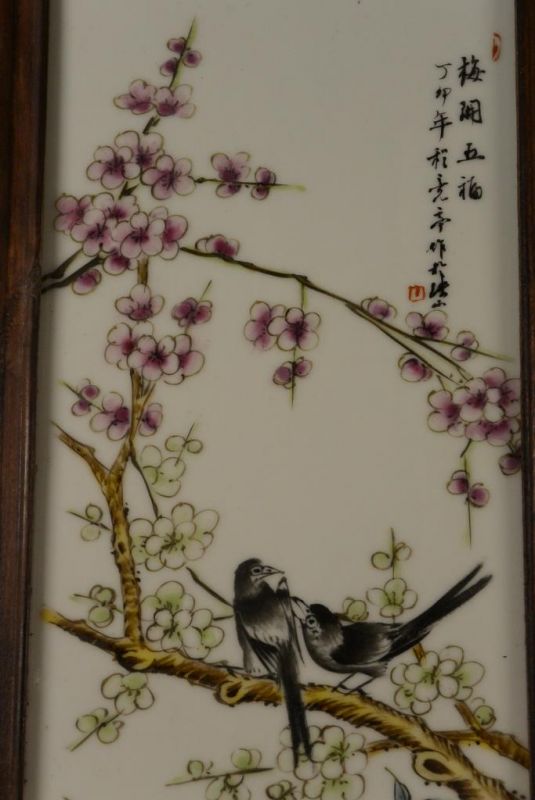 Chinesische Holzplatte und Porzellan - Vögel auf Kirschbaum 1 2