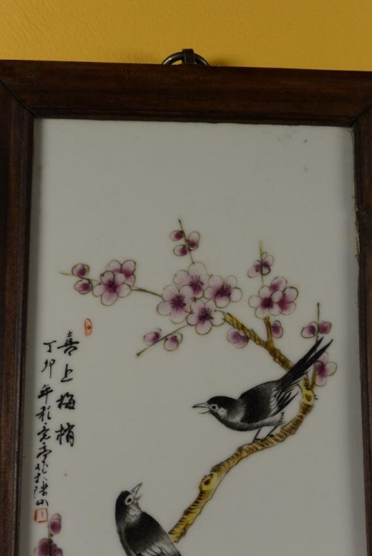 Chinesische Holzplatte und Porzellan - Vögel auf Kirschbaum 2 2