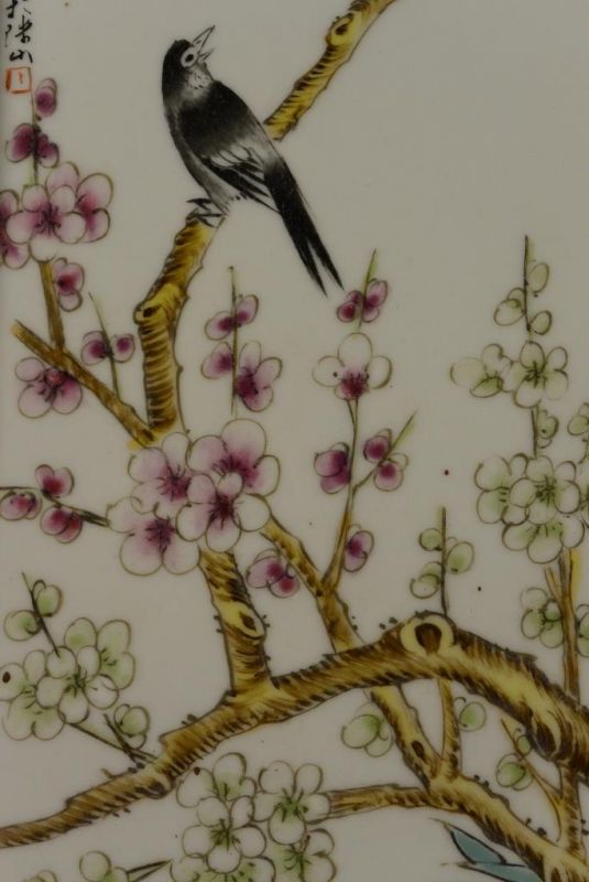 Chinesische Holzplatte und Porzellan - Vögel auf Kirschbaum 2 4