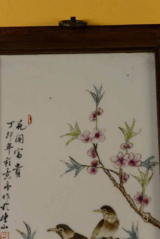 Chinesische Holzplatte und Porzellan - Vögel auf Kirschbaum 4 2