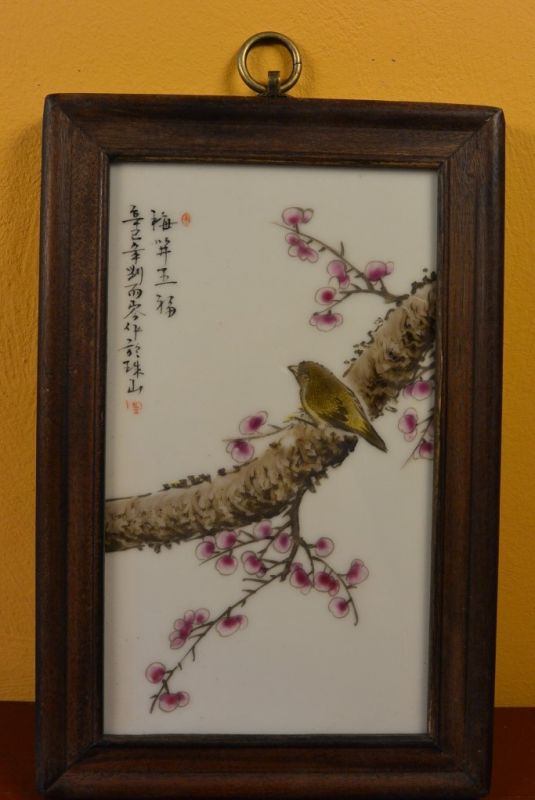 Chinesische Holzplatte und Porzellan Vogel Kirsche 4
