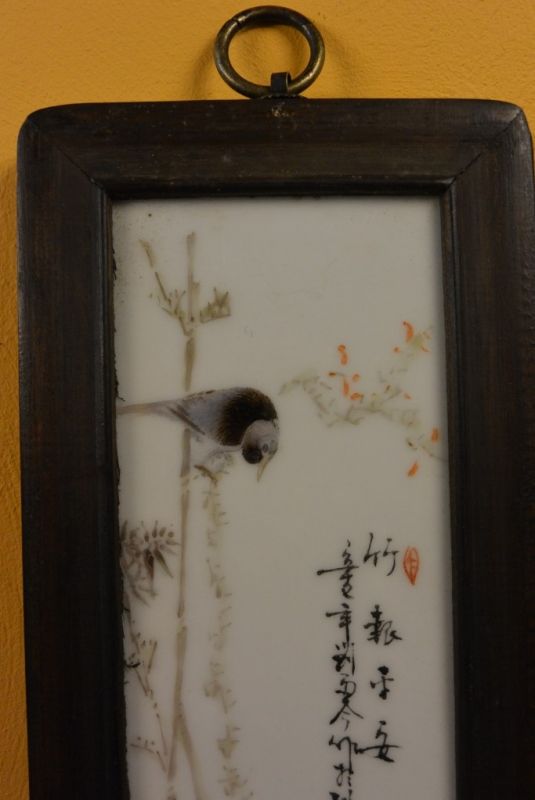 Chinesische Holzplatte und Porzellan Vogel und Blumen 2