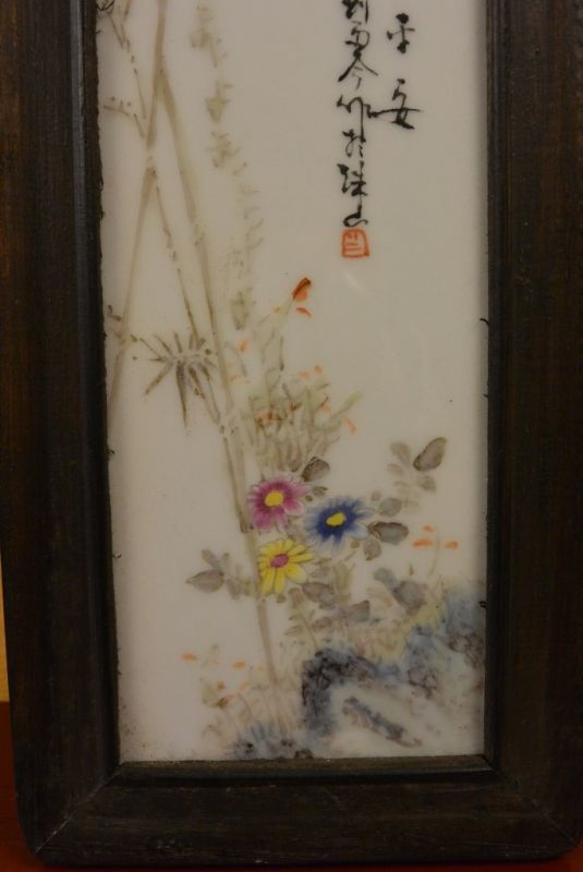 Chinesische Holzplatte und Porzellan Vogel und Blumen 3