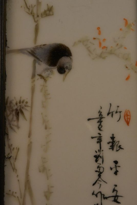 Chinesische Holzplatte und Porzellan Vogel und Blumen 4