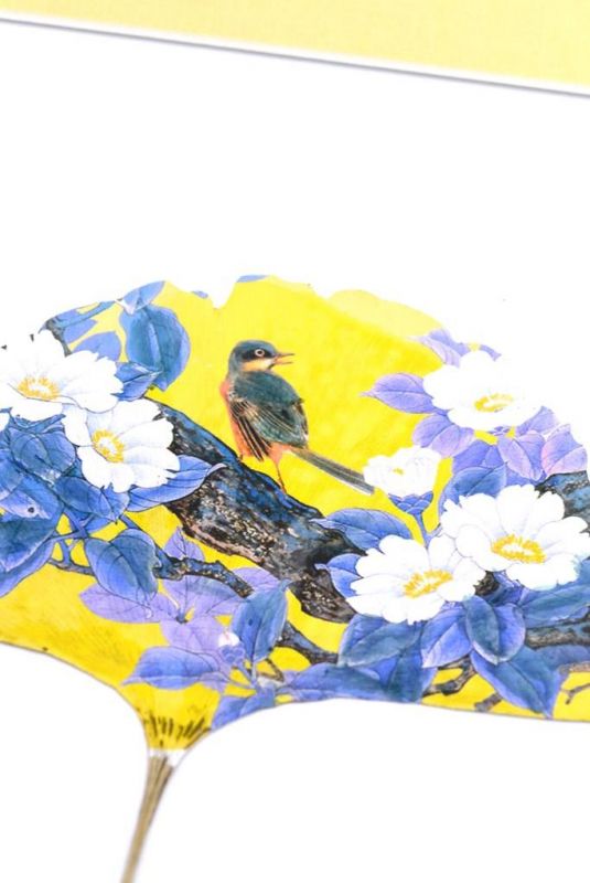 Chinesische Malerei am Baumblatt - Vogel und Blumen 3