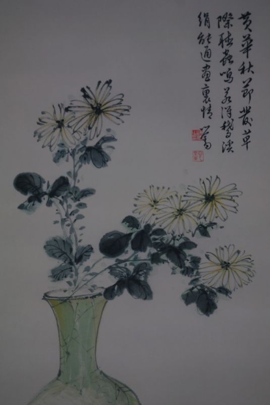 Chinesische Malerei Aquarell auf Seide Weisse Blumen 2