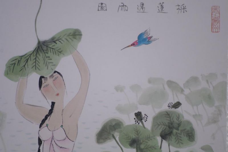 Chinesische Malerei zu Rahmen - Frau in Wasserlilien 2