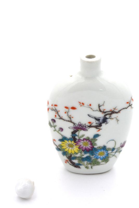 Chinesische Porzellan Schnupftabakflasche Blumen und Vogel 4