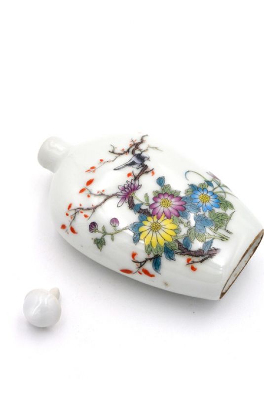 Chinesische Porzellan Schnupftabakflasche Blumen und Vogel 5