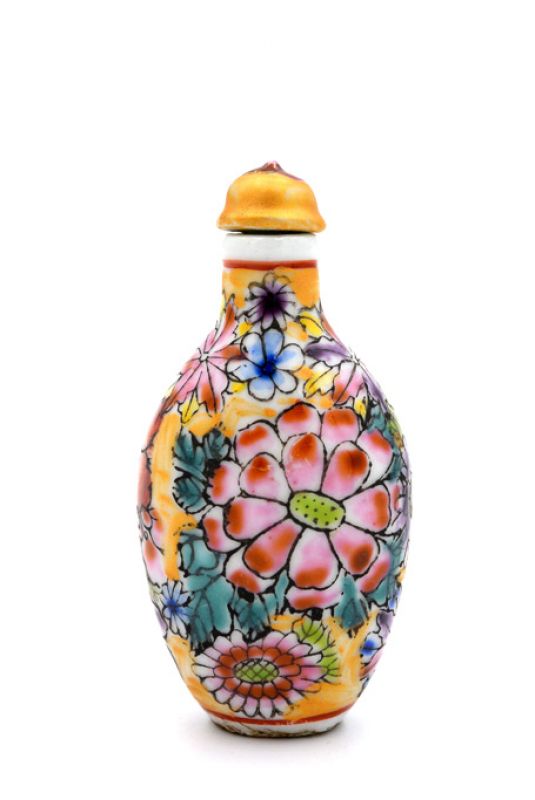 Chinesische Porzellan Schnupftabakflasche - Bunte Blumen 5 3