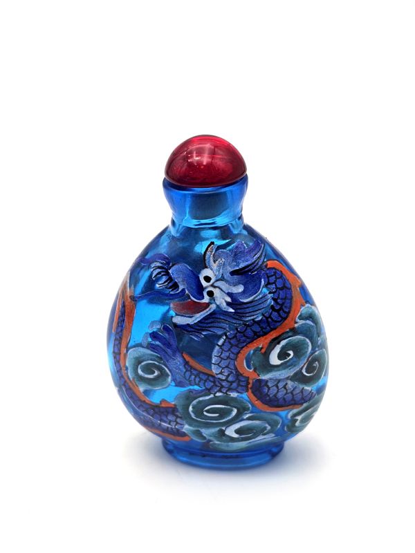 Chinesische Schnupftabakflasche (Alter 20 Jahre) - Geblasenes Glas - Drache - Blau 2