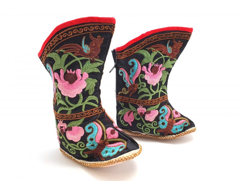 Chinesische Stickerei - Miao Babyschuhe - Stiefelette - Schwarz, mehrfarbig 2