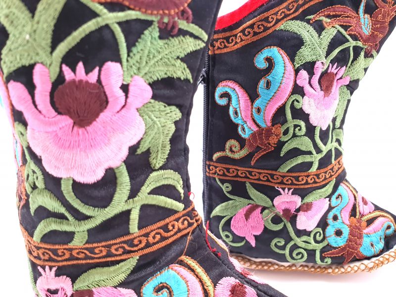 Chinesische Stickerei - Miao Babyschuhe - Stiefelette - Schwarz, mehrfarbig 3