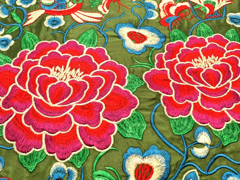 Chinesische Stickerei - Quadratischer Vorfahre - Emblem - Grün - Pfingstrose 2