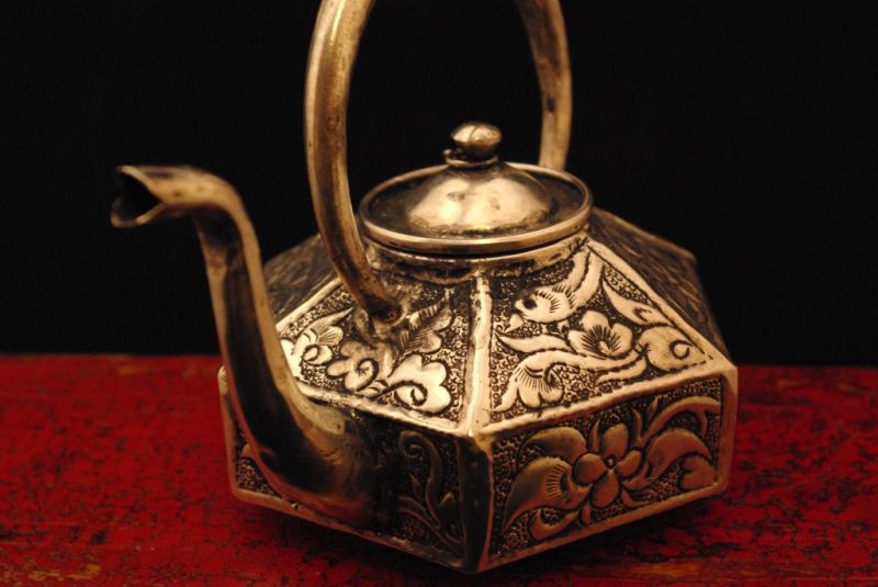 Chinesische Teekanne Kupfer und Silber 4