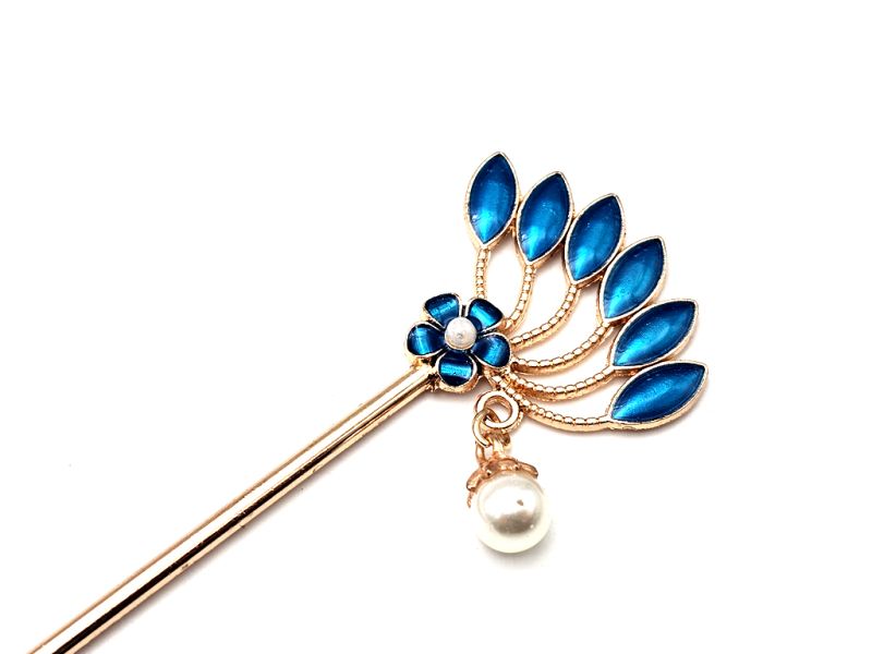 Bilder überfliegen für die vergrößerung Chinesischer Emaille-Haarstab - Cloisonne - Die 6 Blätter und die Blüte – Marineblau 2