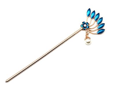 Chinesischer Emaille-Haarstab - Cloisonne - Die 6 Blätter und die Blüte – Marineblau