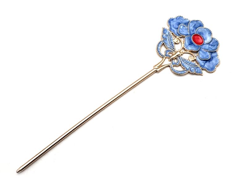 Chinesischer Emaille-Haarstab - Cloisonne - Die Kamelie – Himmelblau