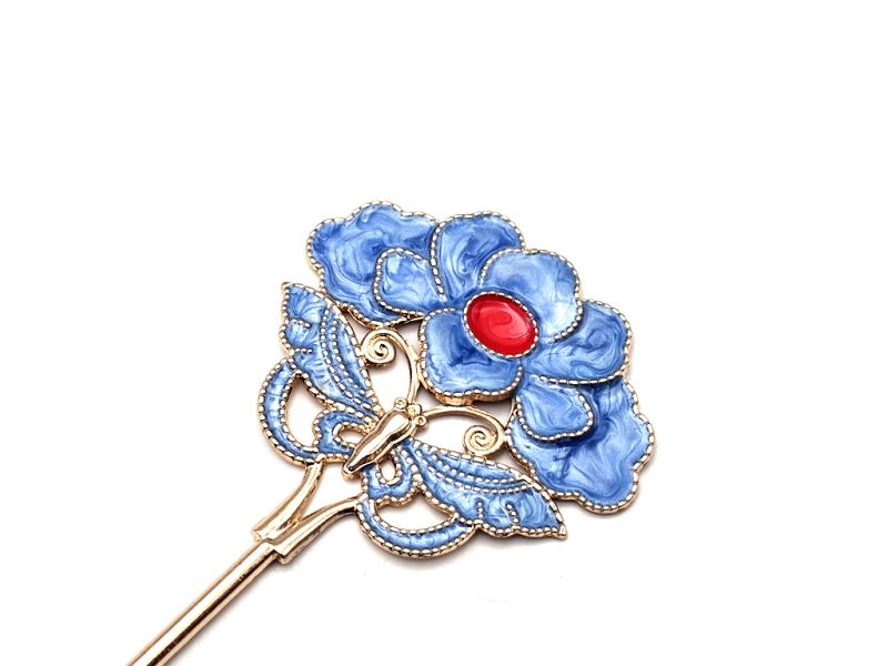 Bilder überfliegen für die vergrößerung Chinesischer Emaille-Haarstab - Cloisonne - Die Kamelie – Himmelblau 2
