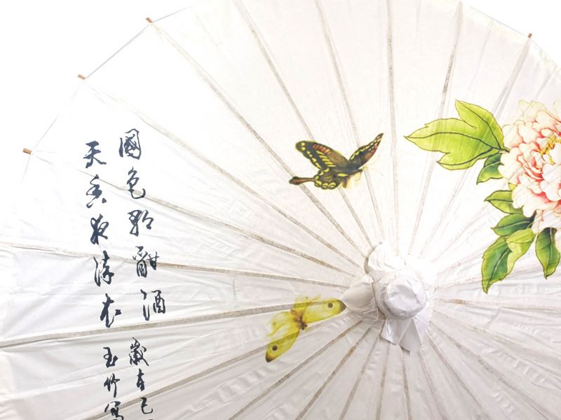 Chinesischer Sonnenschirm - Holz und Reispapie - Blumen und Schmetterlinge 2