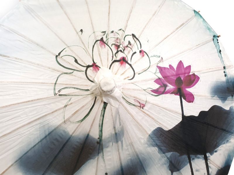 Chinesischer Sonnenschirm - Holz und Reispapie - Lotus und Fische 2
