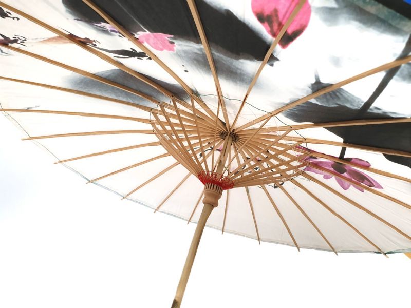 Chinesischer Sonnenschirm - Holz und Reispapie - Lotus und Fische 3