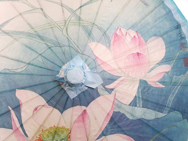 Chinesischer Sonnenschirm - Holz und Reispapie - Lotus und Libelle 2