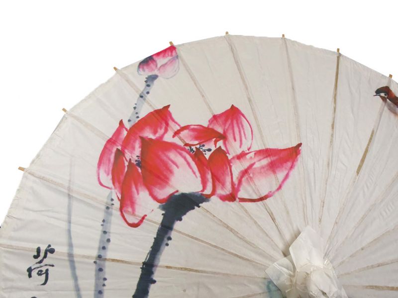 Chinesischer Sonnenschirm - Holz und Reispapie - Lotus und Vogel 2
