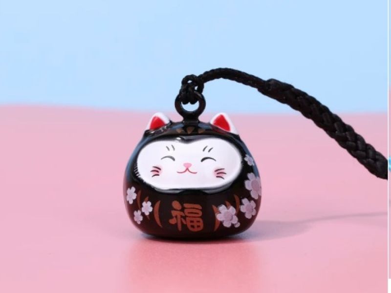 Clochette Maneki-neko noire en métal - Porte-bonheur japonais