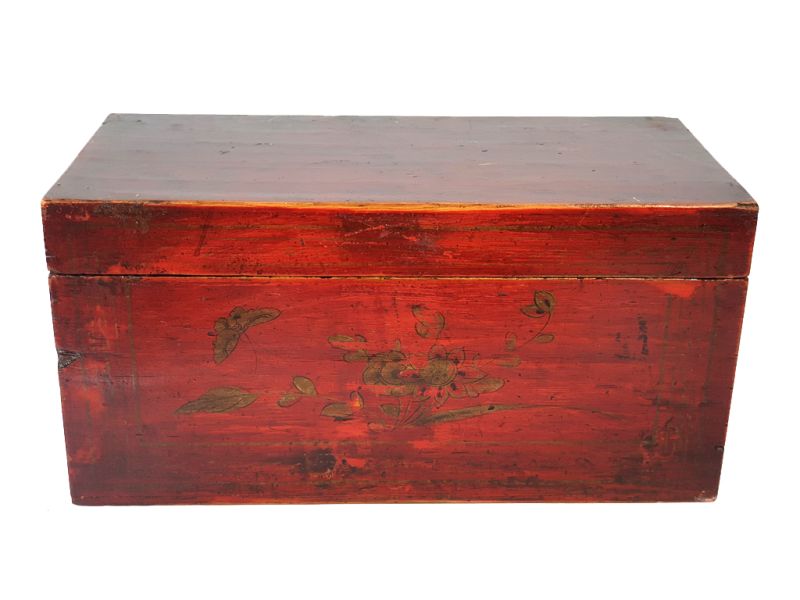 cofre chino antiguo de madera - Arcón Chino - Rojo oscuro - Mariposas y Flores 1